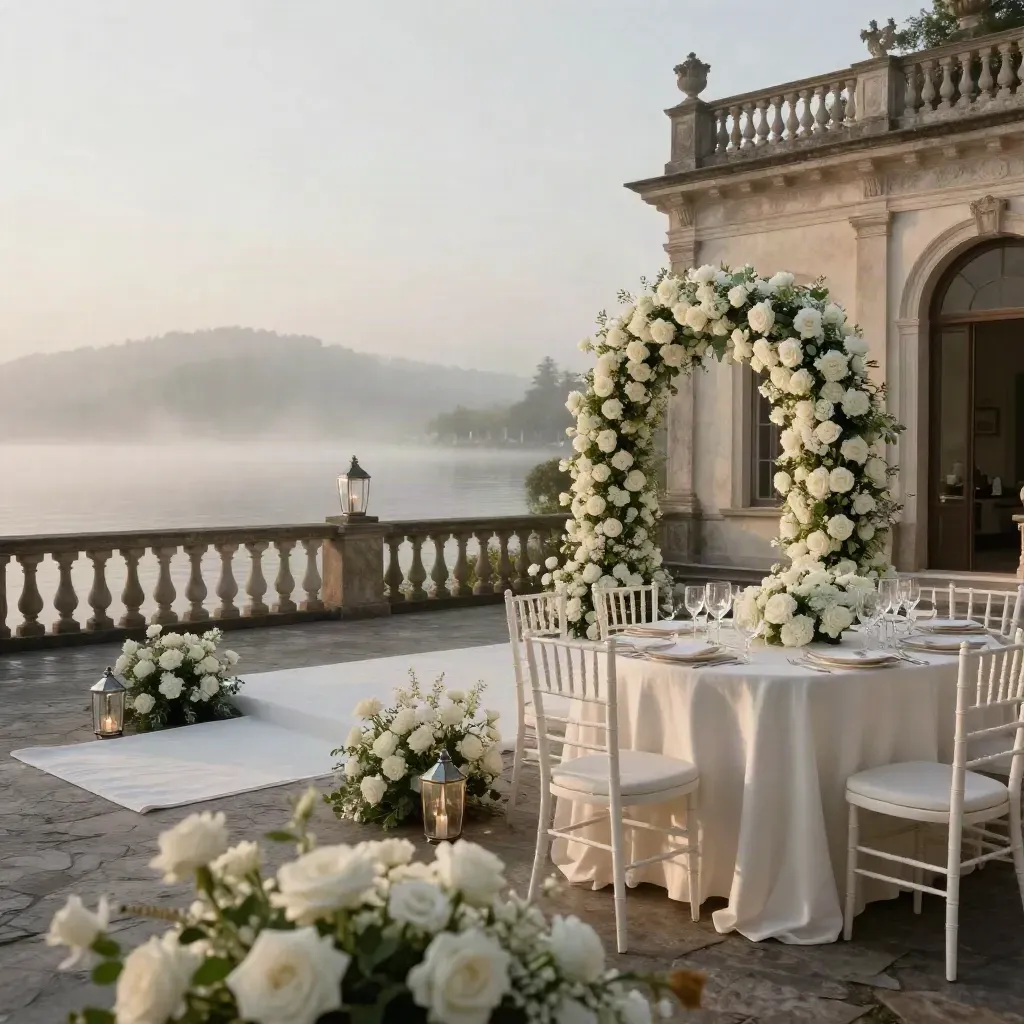 Terrazza di villa sul lago all’alba, tavoli e sedie bianche pronti per una cerimonia elegante.