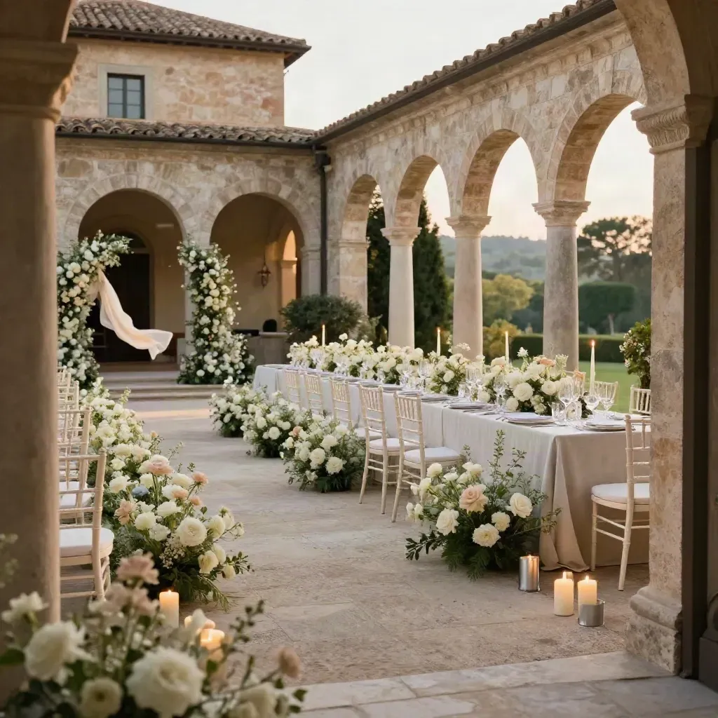 Aia cerimoniale in villa toscana con tavoli allestiti, candele e fiori tenui.