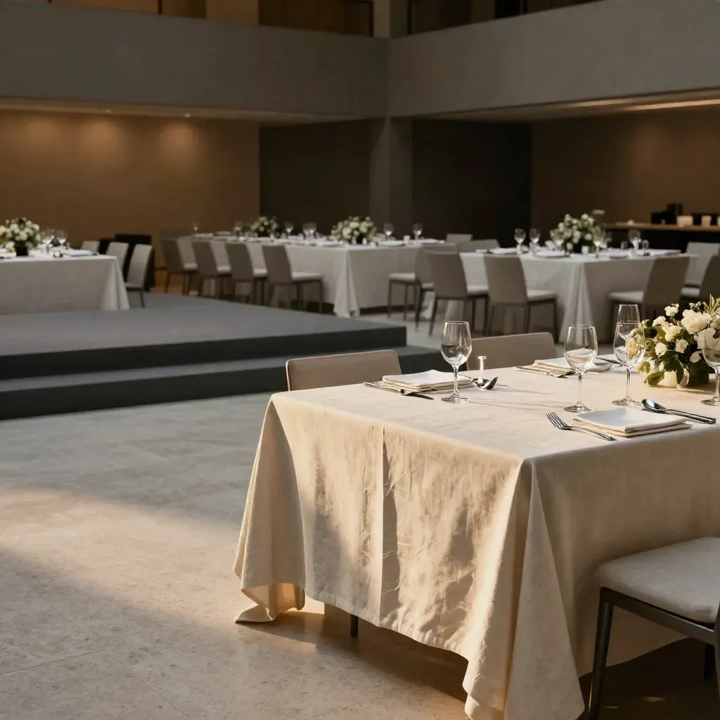 Sala per cena aziendale allestita, tavoli in lino, calici e palco illuminato