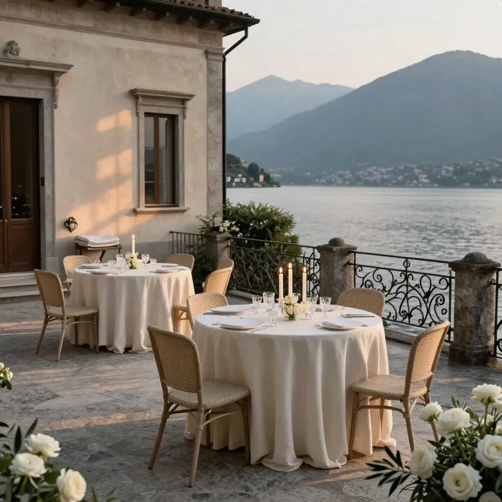Terrazza sul lago con tavoli apparecchiati, candele accese e sedute cerimonia ripiegate.
