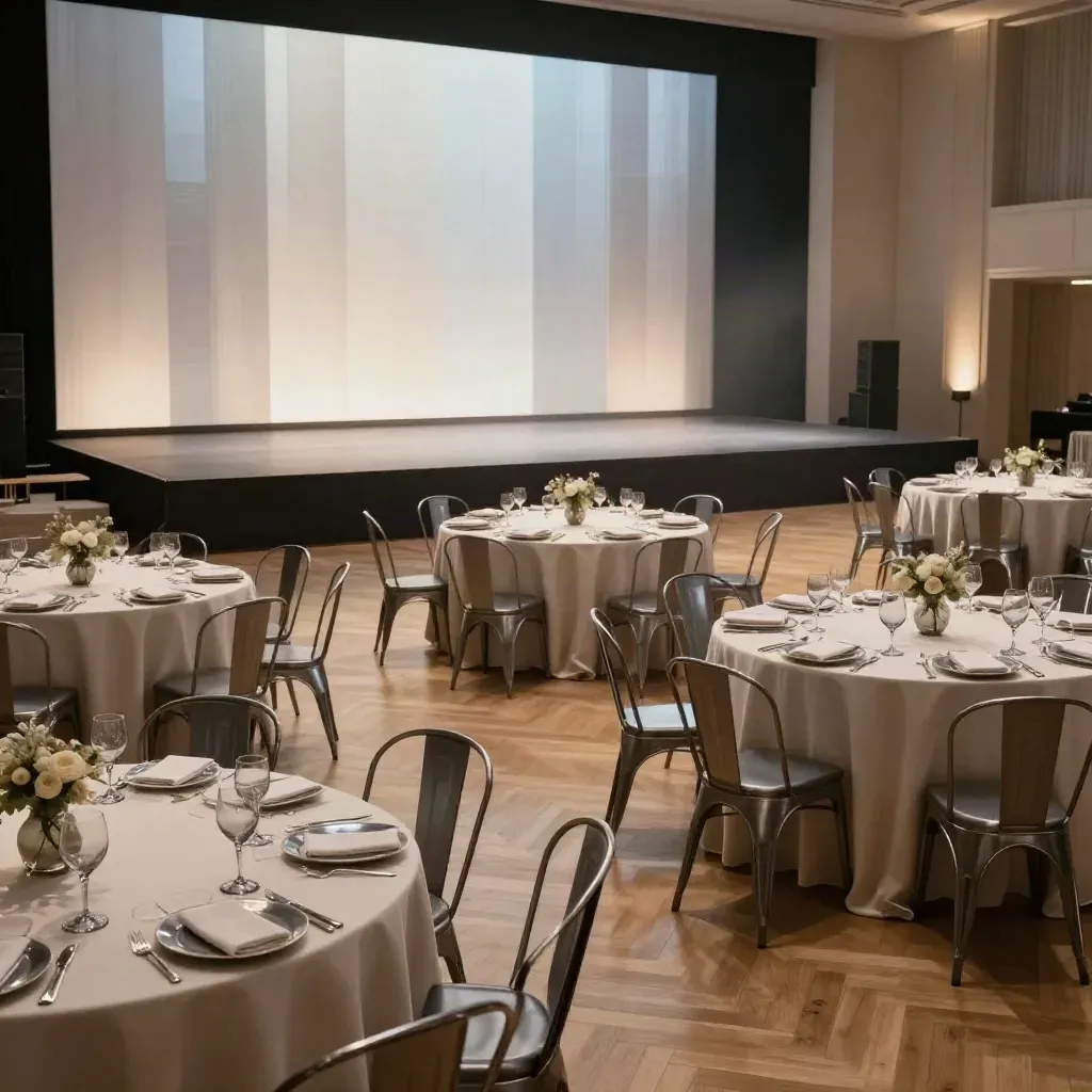 Sala da ballo a Milano con palco, tavoli apparecchiati e pedana premi vuota, luce teatrale fredda