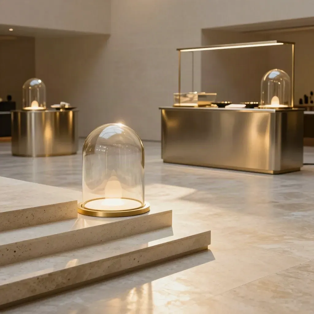 Sala evento pronta con piedistalli, cloche in vetro e luci dorate accese
