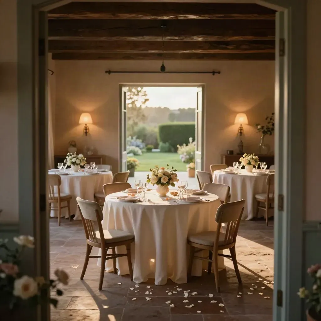 Sala villa allestita per un battesimo, tavoli rotondi e fiori delicati, vista dalla porta