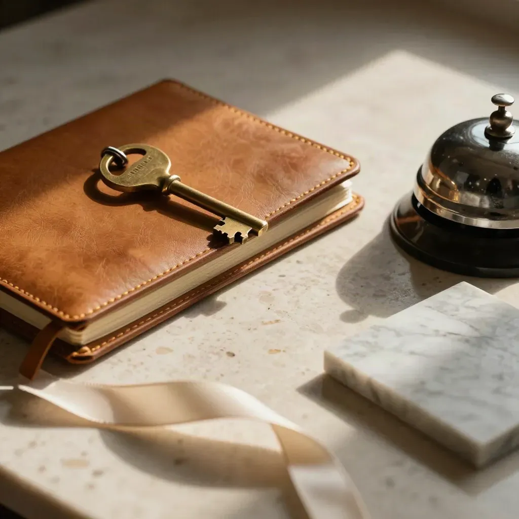 Oggetti da event planner: taccuino in pelle, chiave in ottone, nastro di seta e campione marmo