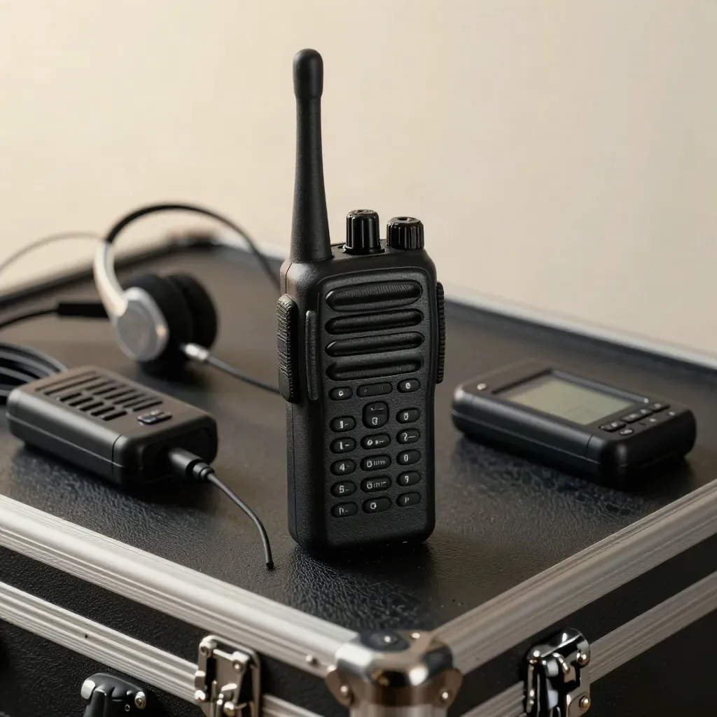 Radio, ricevitore wireless, auricolare e cronometro su una valigetta tecnica, luce fredda.
