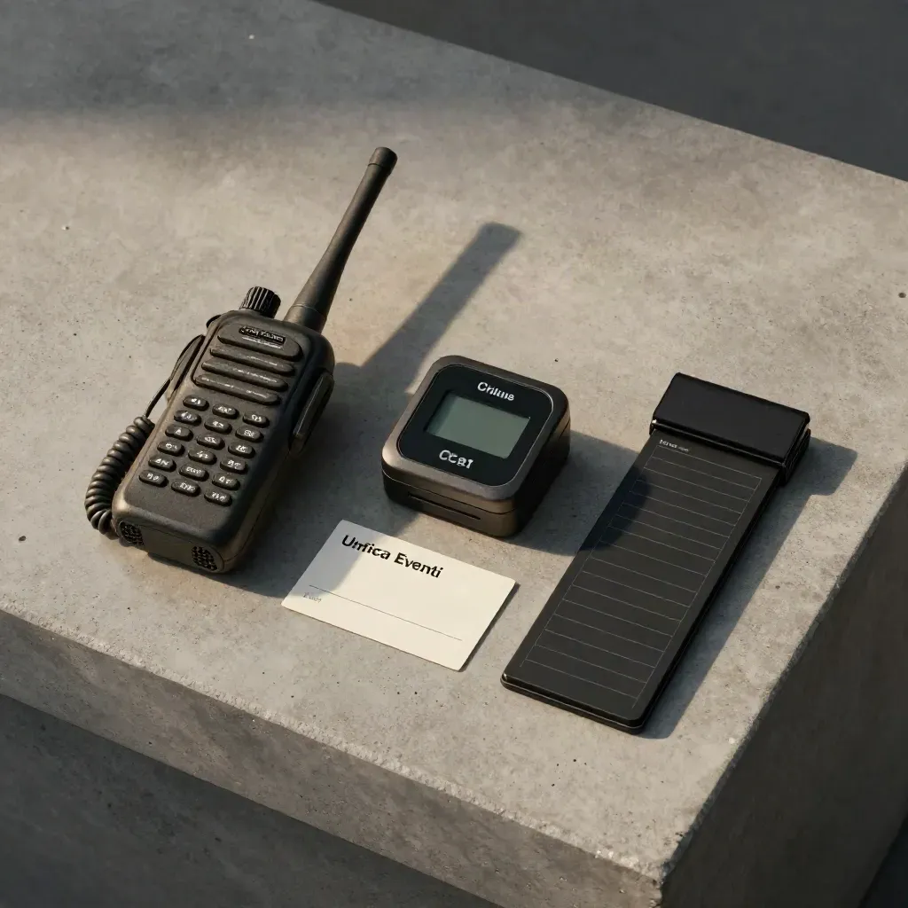 Flat lay con walkie-talkie, auricolare e timer su cemento grigio, pronto per il giorno evento