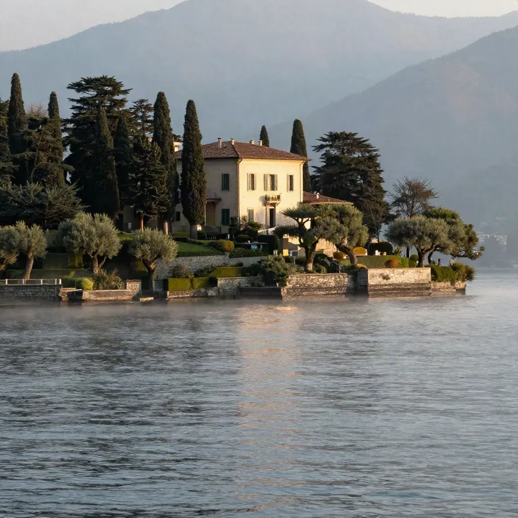 Villa sul Lago di Como tra cipressi e nebbia, con acqua calma e colline sullo sfondo
