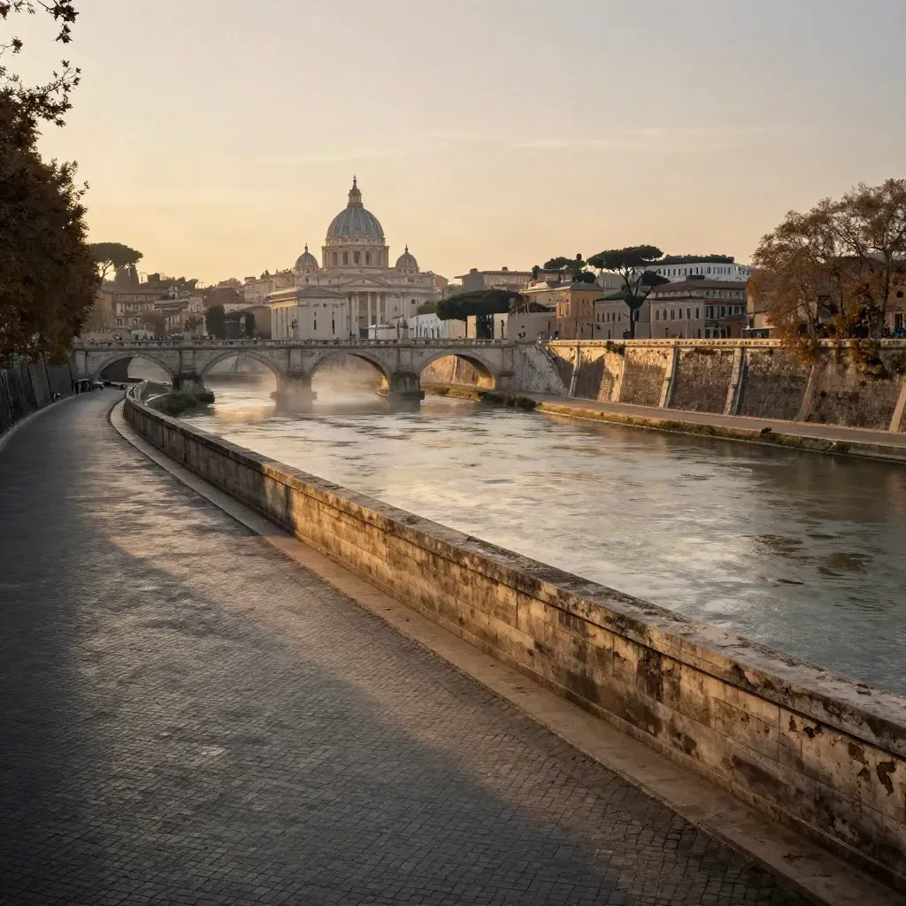 Lungofiume di Roma al tramonto con cupola lontana, travertino e luce calda.