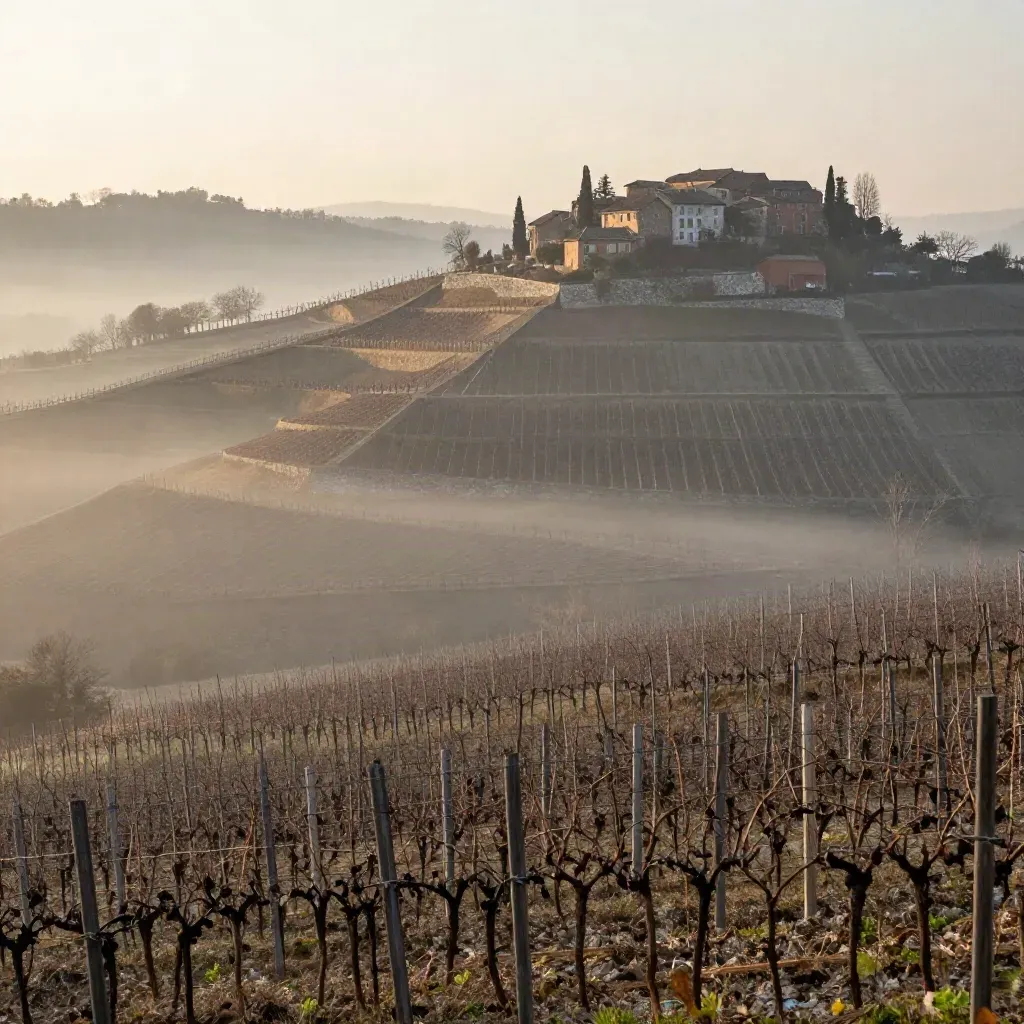 Vigneti delle Langhe con borgo in alto e nebbia mattutina sui filari